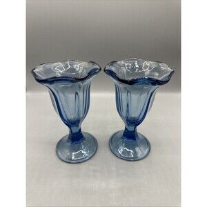 Vintage Anchor Hocking Sundae Glass Fountainware Blue Tinted Tulip Shape Set/2